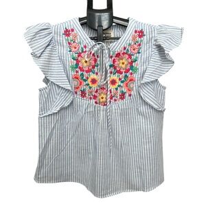 Savanna Jane Women’s Blue Striped Blouse with Floral Embroidery Size Medium NWT
